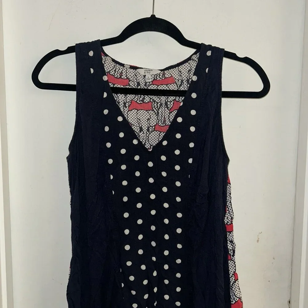 Crown & Ivy Navy Blue Pink Elephant White Polka Dot Sleeveless Blouse Medium - Picture 3 of 7